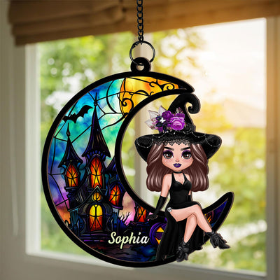 Halloween Witch Sitting On Moon Personalized Suncatcher, Halloween Decoration