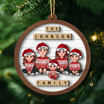 Animated Family Sitting Wooden Blocks Personalized 2-Layer Wooden Ornament, Christmas Decoration, Christmas Gift For Family