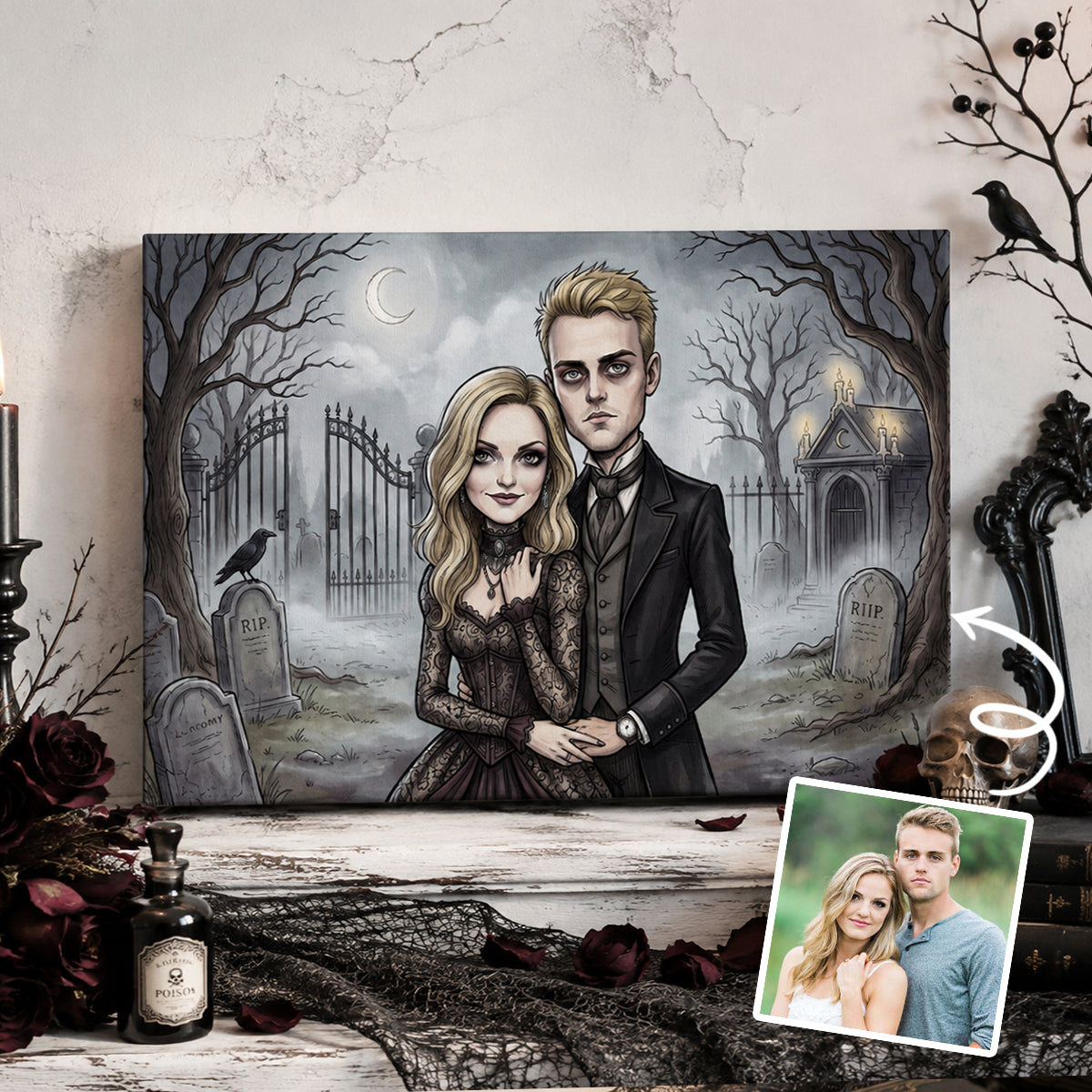 Custom Gothic Couple Portrait from Photo - Personalized Canvas - Halloween Decor, Anniversary Gift for Her, for Him