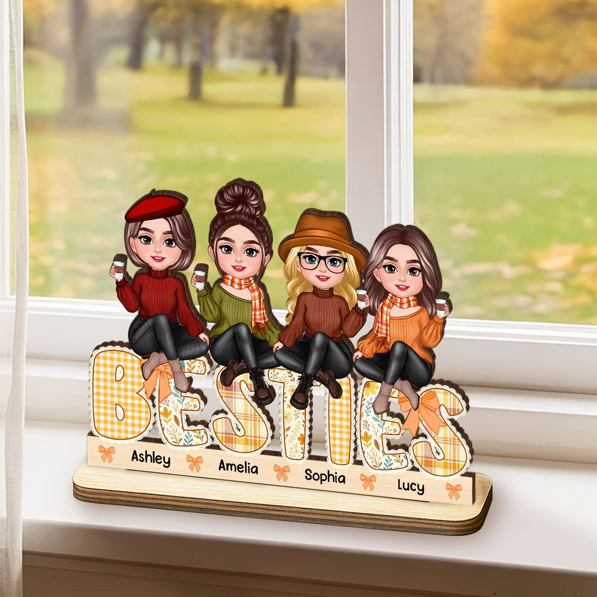 Fall Season Besties Sitting On Text Lace Patterned Personalized Standing Wooden Plaque