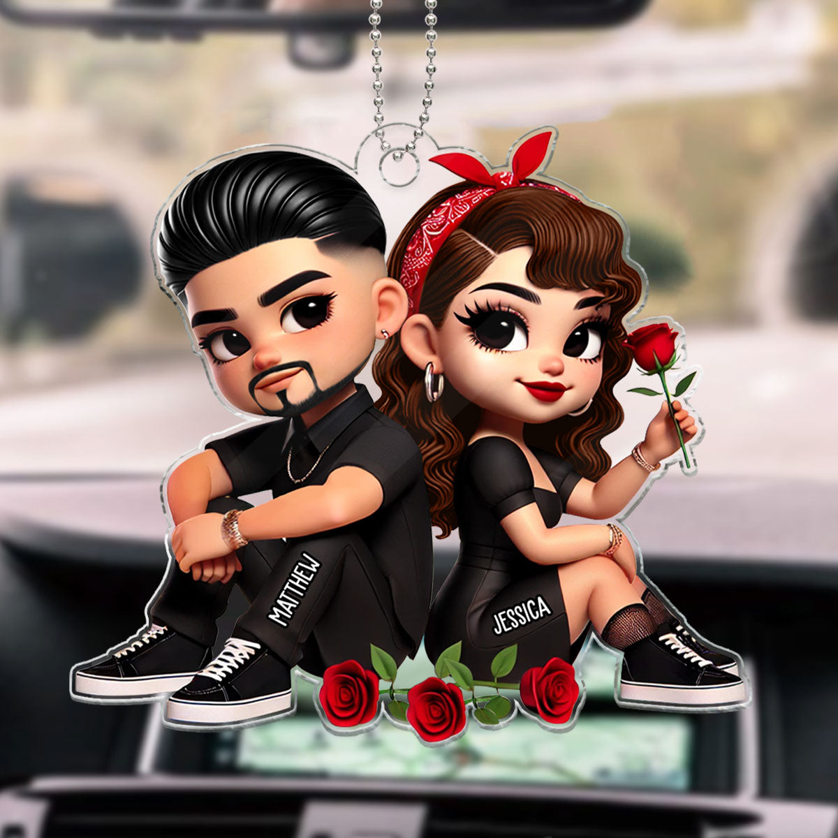 Pretty Couple Roses Heart Personalized Acrylic Car Hanger, Anniversary Gift,  Gift for Couples