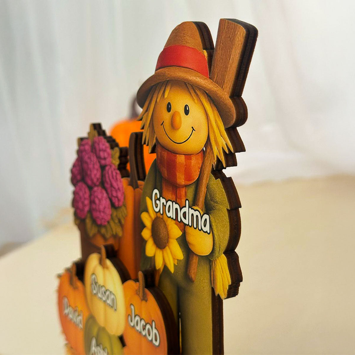 Fall Scarecrow Grandma with Pumpkins Grandkids Names 3D Effect Personalized 2-Layer Wooden Plaque