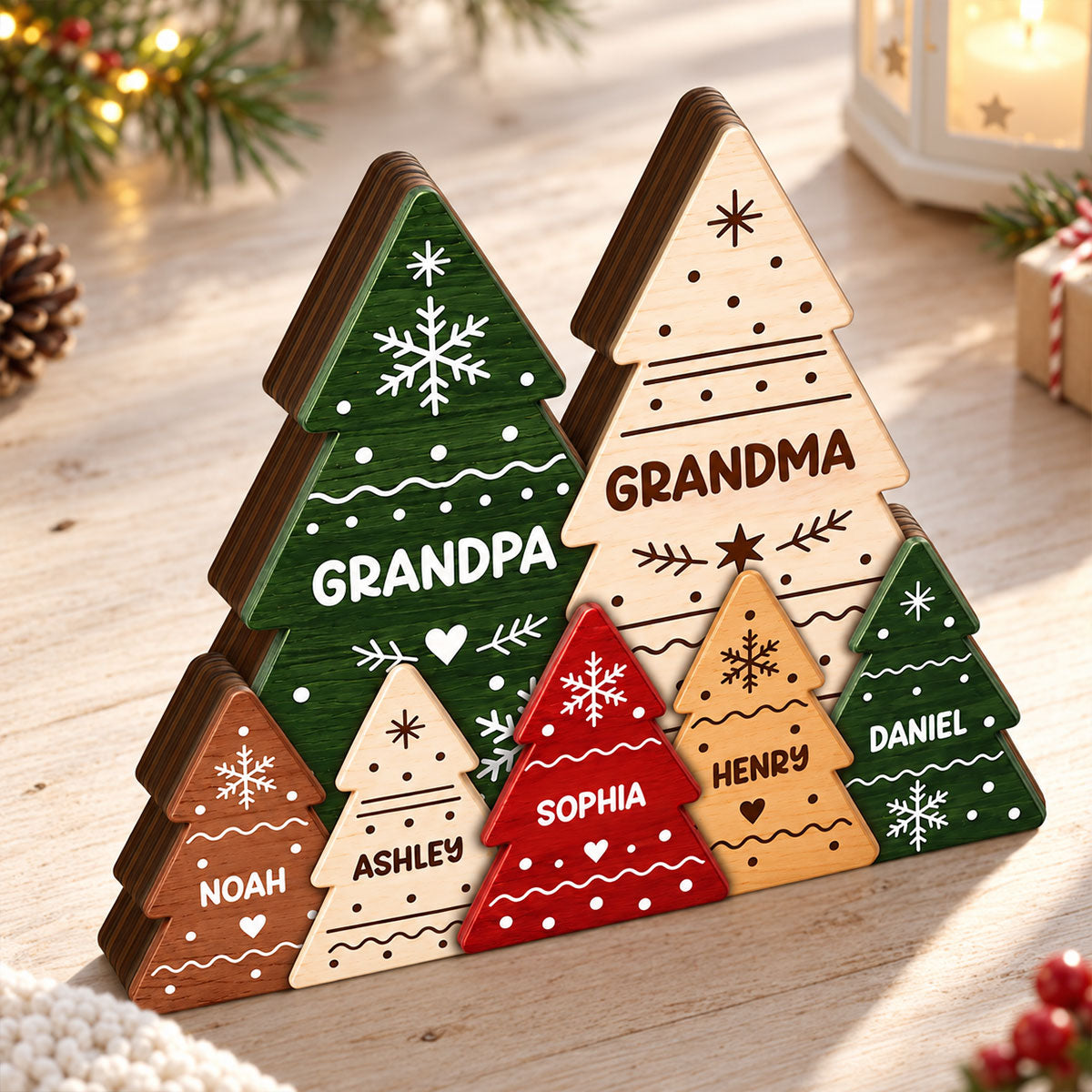 Rustic Christmas Tree - Personalized Wooden Block Plaque - Christmas Decor For Grandparents