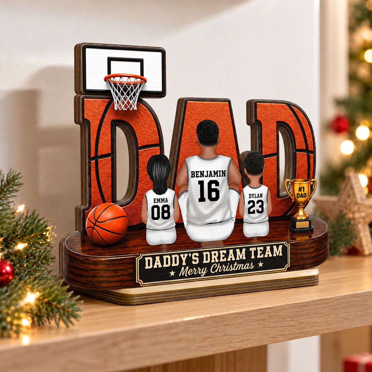 Basketball Dad Legend Daddy's Dream Team - Personalized 2-Layered Wooden Plaque - Christmas Gift For Dad, Husband, Basketball Players, Basketball Lovers