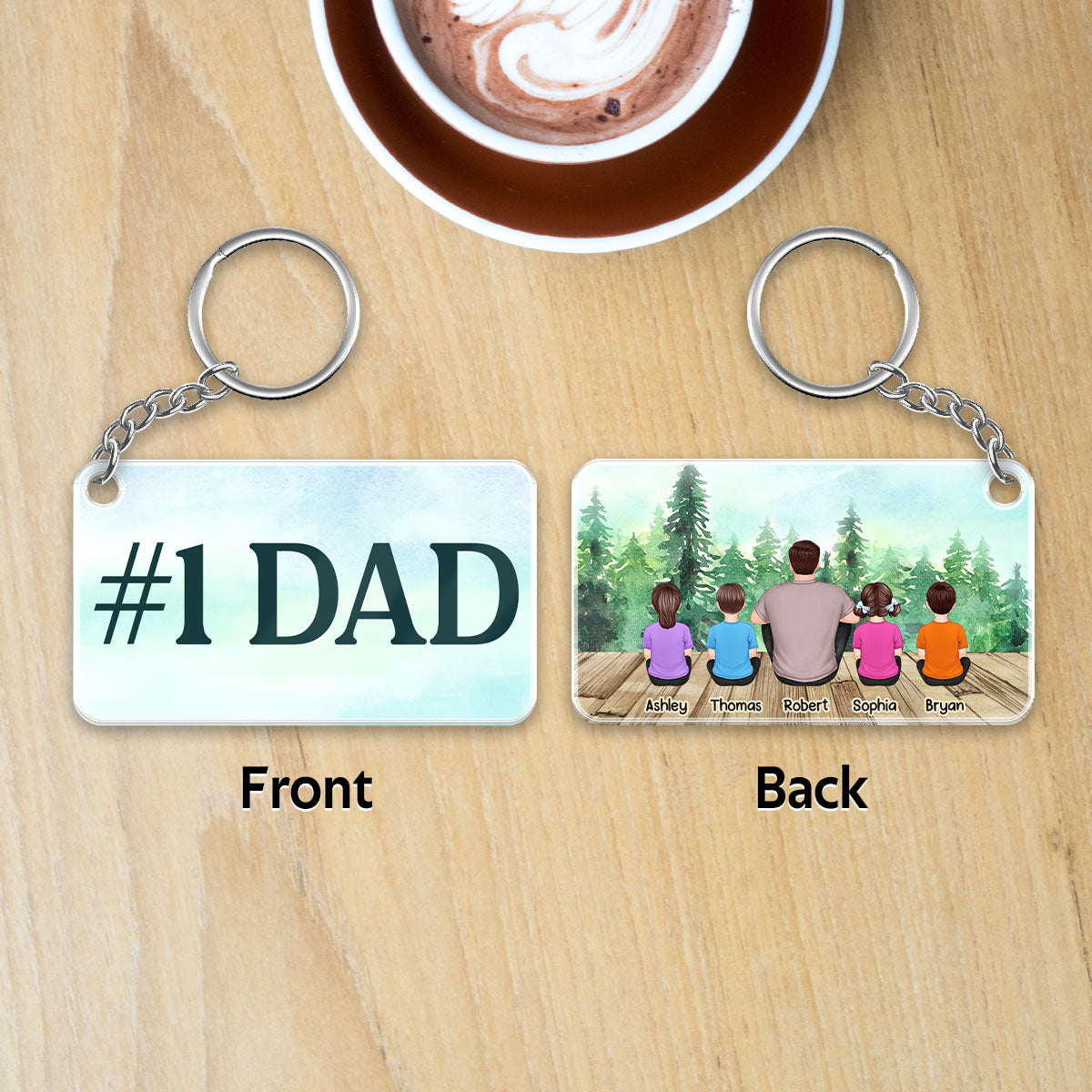 Dad And Kids Back View Sitting Forest Personalized Acrylic Keychain