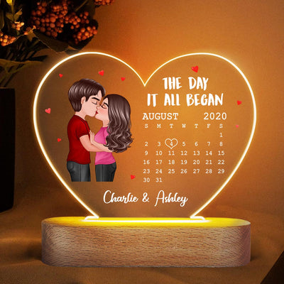 Doll Couple Kissing Calendar Anniversary Date Personalized Acrylic Heart Plaque LED Night Light