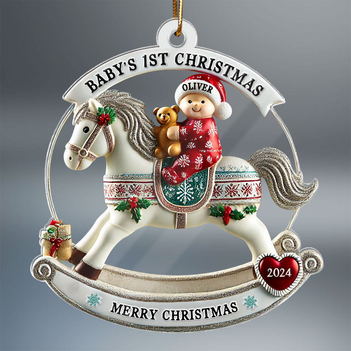 Baby First Christmas Newborn On Horse Keepsake 3D Effect Personalized Acrylic Ornament