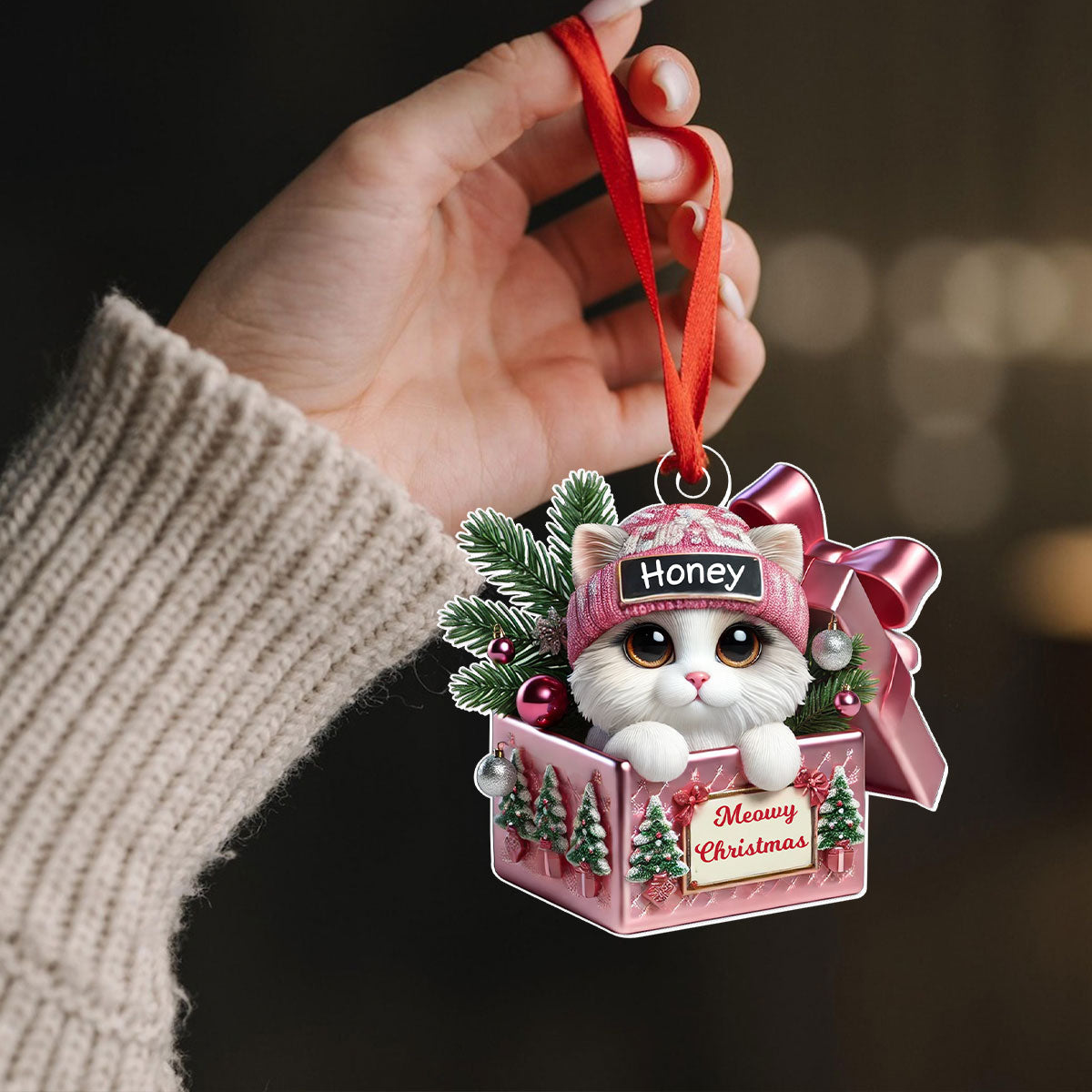 Cute Cat Inside Gift Box Personalized 2D Flat Acrylic Ornament, Christmas Gift for Cat Lovers