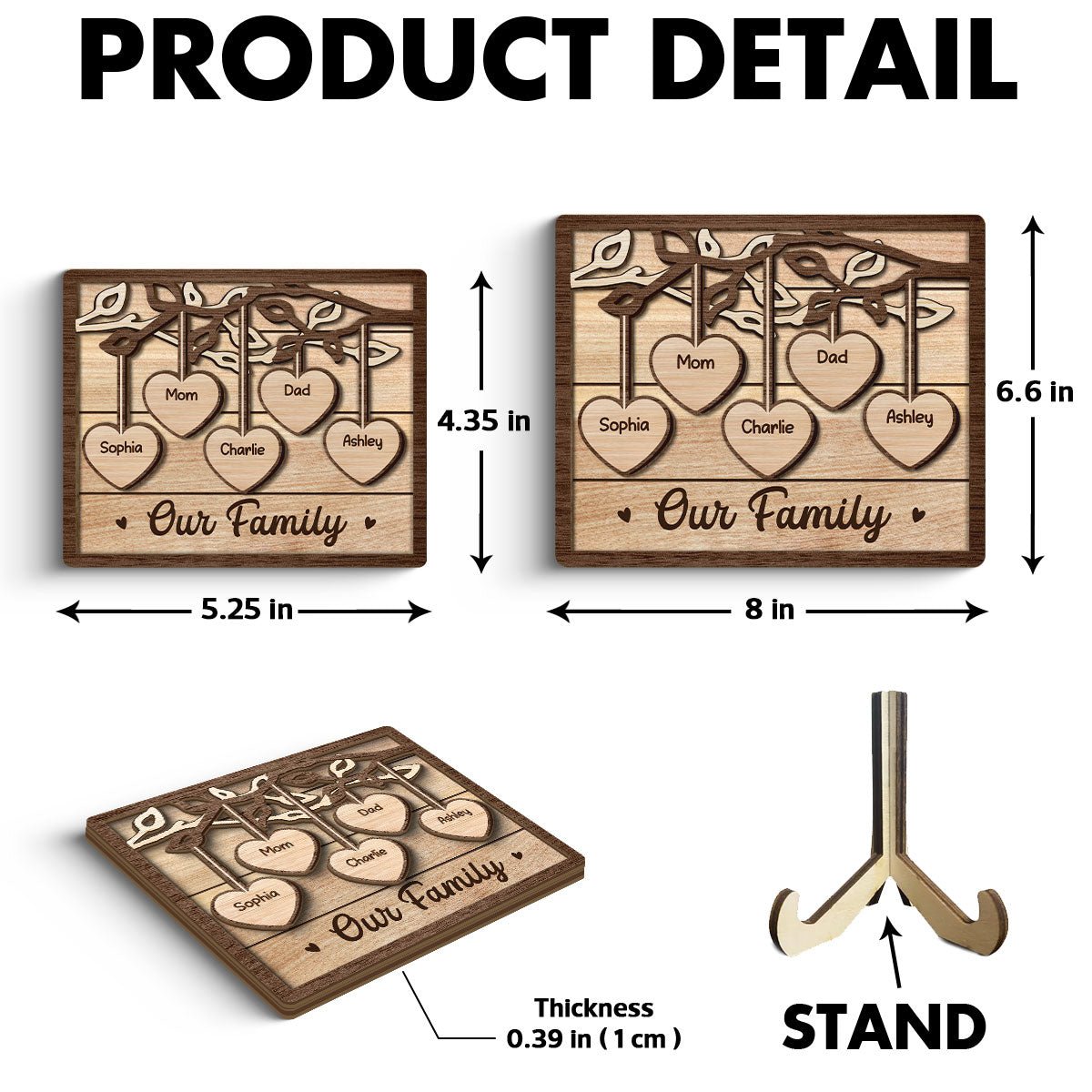 Family Tree Sign Grandkids Names Hanging Hearts Home Decor Personalized 2-Layer Wooden Plaque