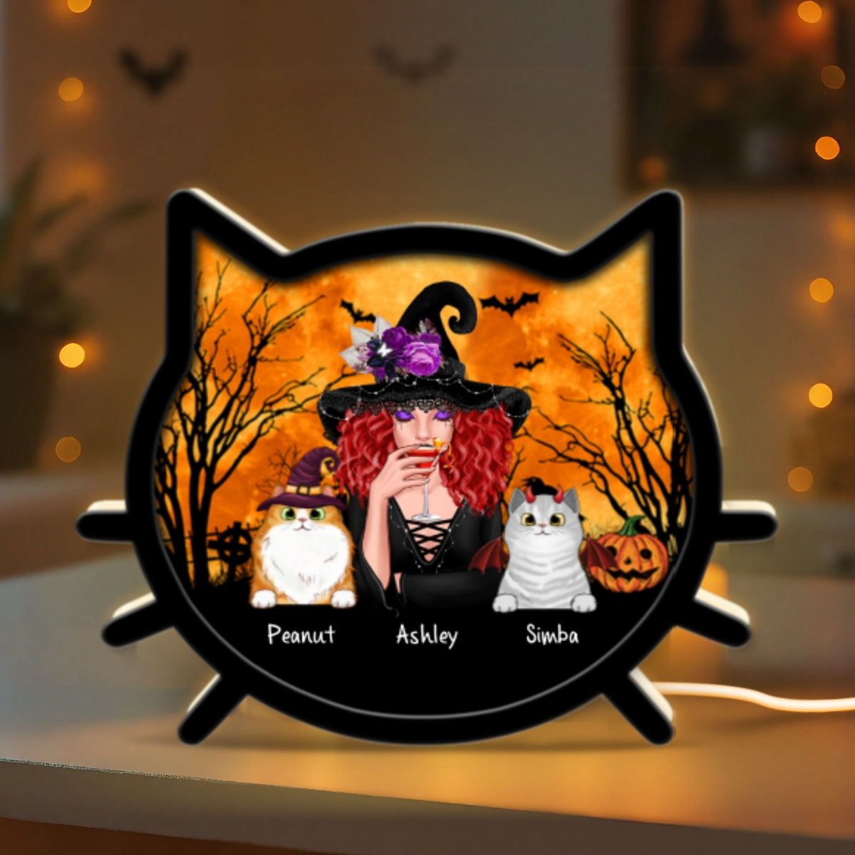 Spooky Halloween Theme Cat Mom Cat Face Personalized LED Light Box