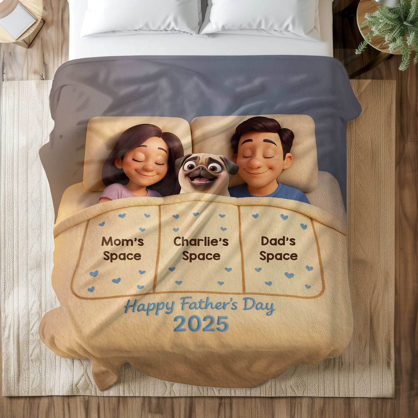 Funny Cute Cartoon Dogs In Bed Personalized Fleece Blanket, Father's Day Gift for Dog Dads