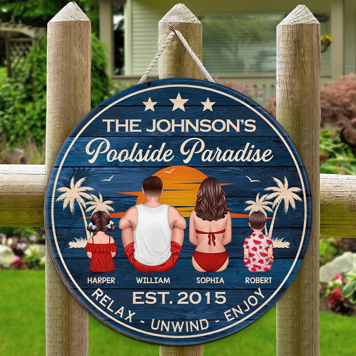 Relax Unwind Enjoy Poolside Paradise Family Sitting Personalized Wood Sign