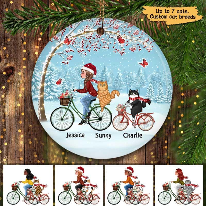 Woman And Cats Cycling Under Berry Tree Personalized Circle Ornament