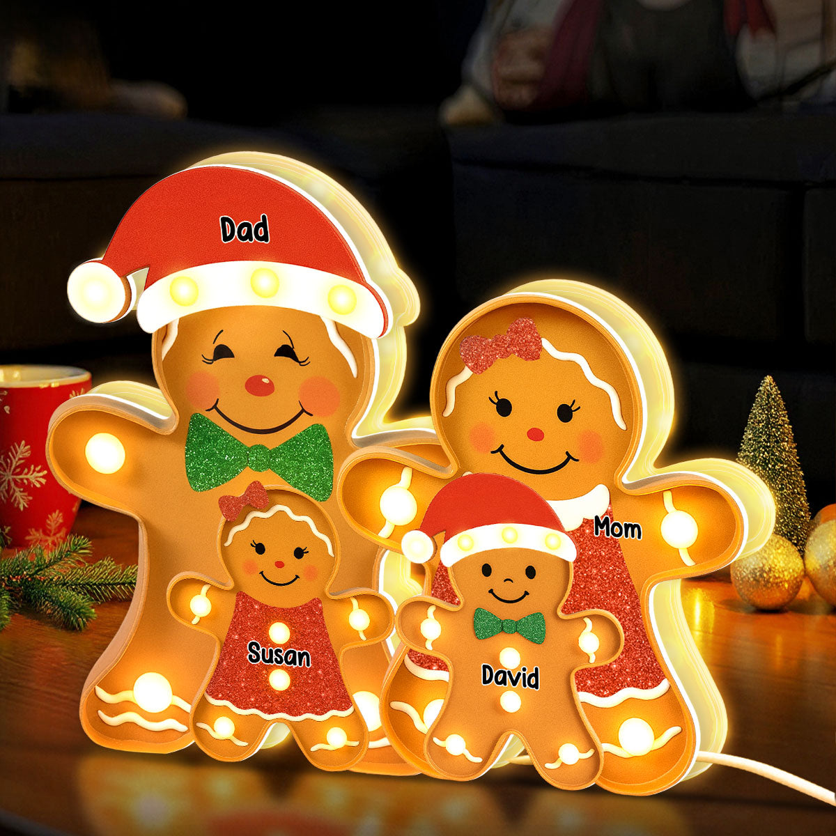 Gingerbread Family Marquee Effect Personalized LED Light Box, Christmas Decoration