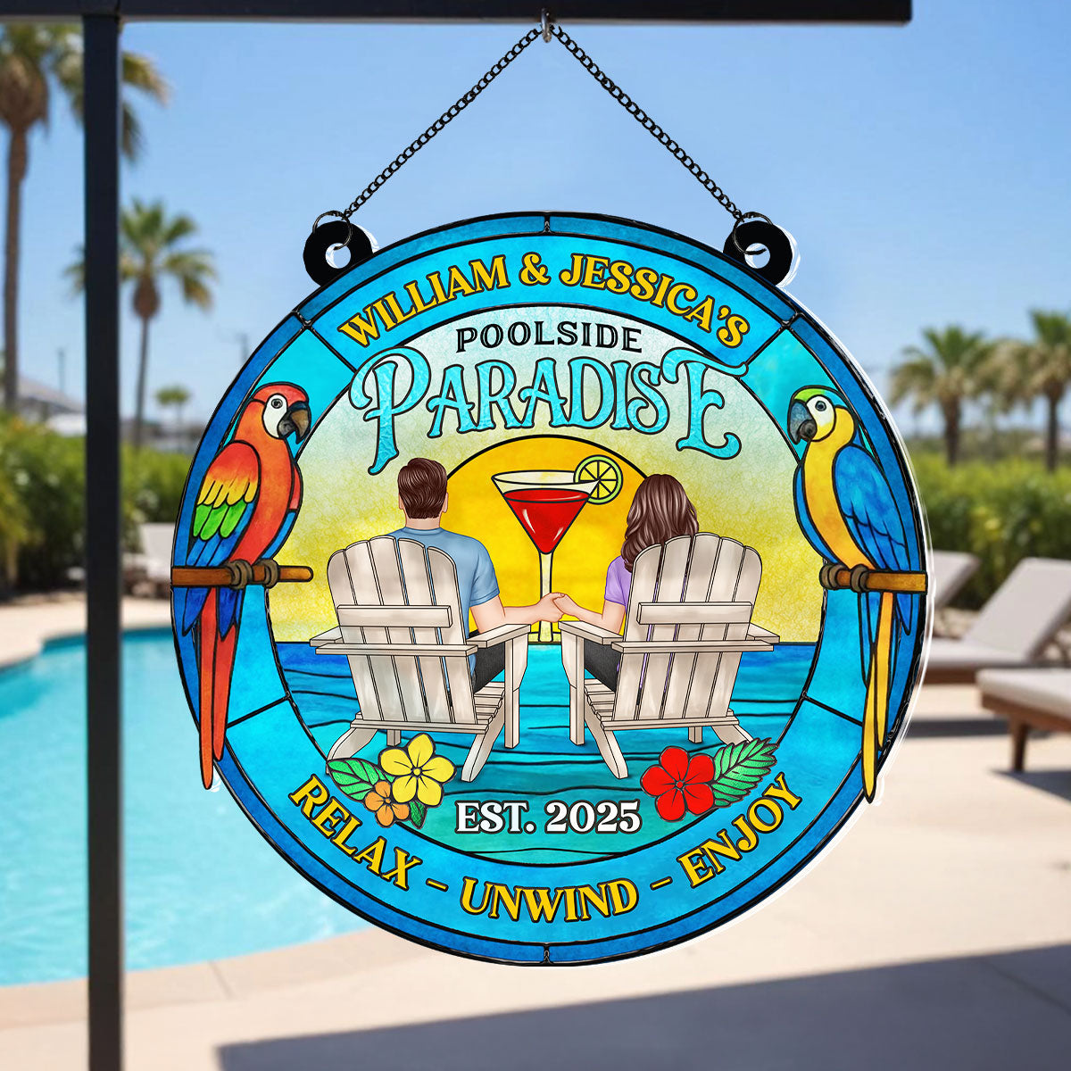 Couple Poolside Paradise Tropical Personalized Acrylic Suncatcher