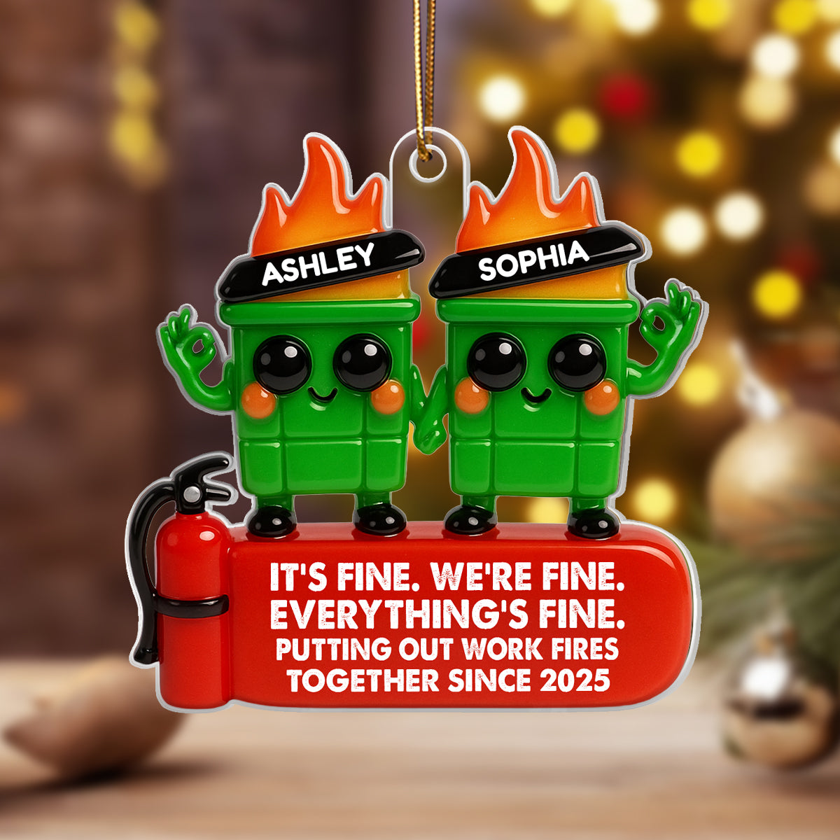 Colleagues Putting Out Work Fire Together 3D Effect - Personalized Acrylic Ornament - Funny Humor Christmas Gift for Coworkers, Colleagues