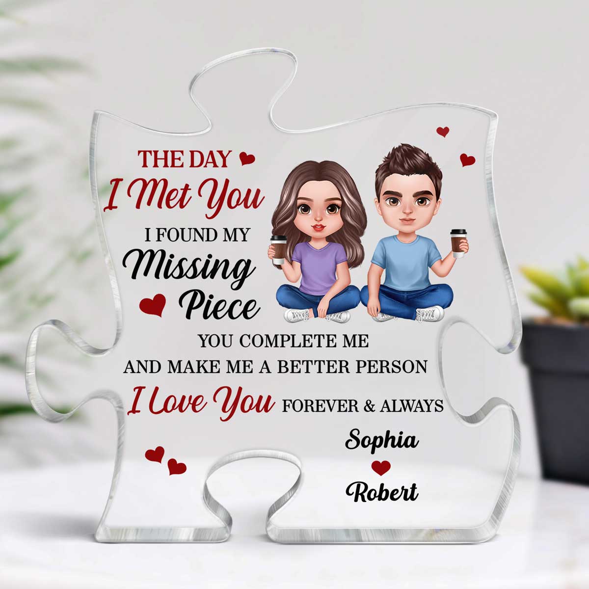 Doll Couple Sitting Realistic Found My Missing Piece Personalized Puzzle Acrylic Plaque