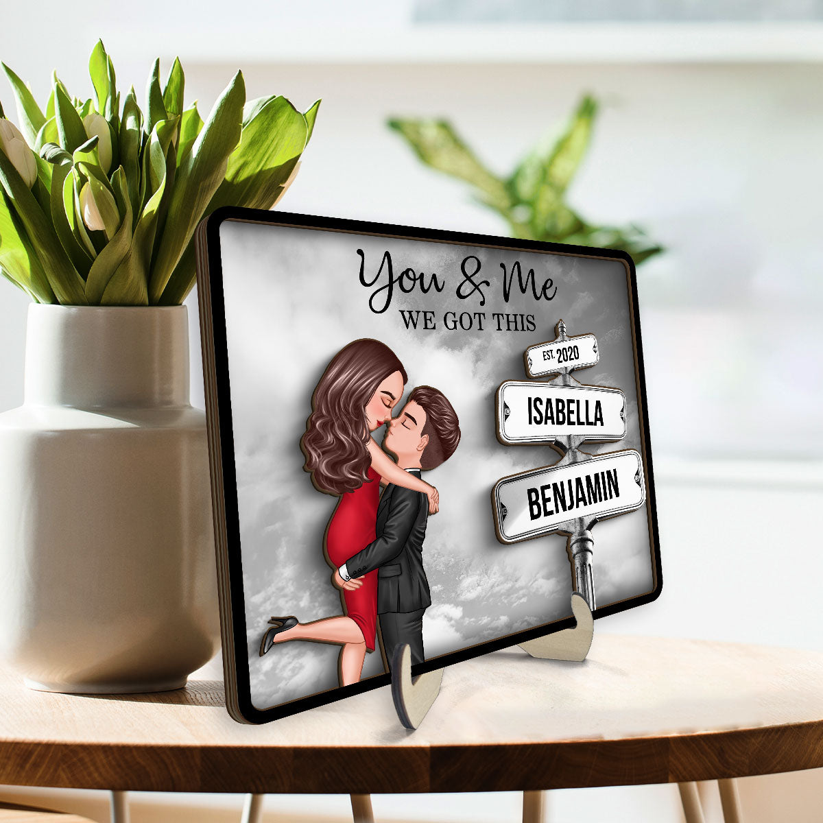 Couple Hugging Milestone Together Personalized Crossroads Street Sign 2-Layered Wooden Plaque, Best Home Bedroom Desk Decor For Couples,  Gift For Her, For Him