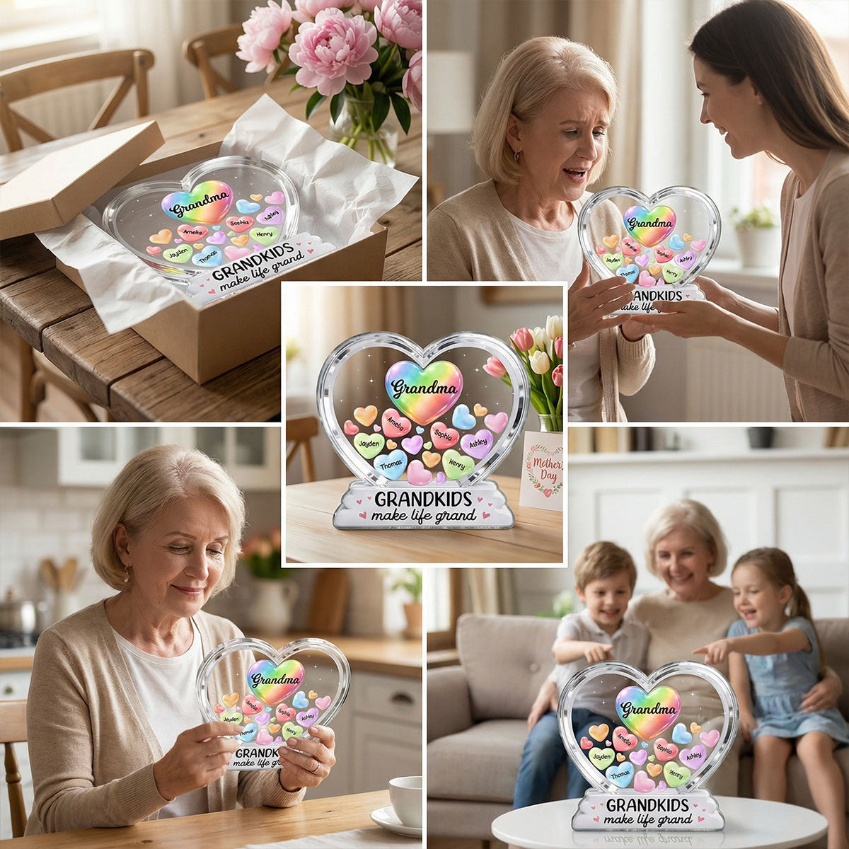 Grandma's Sweethearts In Heart 2D Flat - Personalized Acrylic Block Plaque - Heartfelt Mother's Day Gift For Grandma