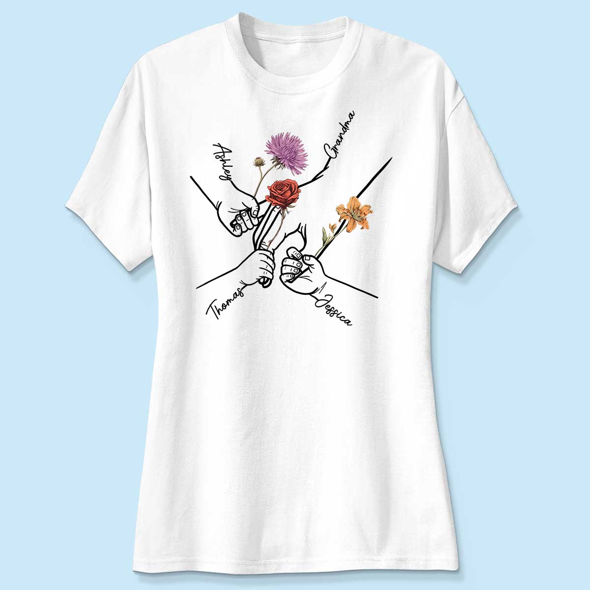Kids Holding Grandma Mom Hand Birth Month Flowers Personalized Shirt