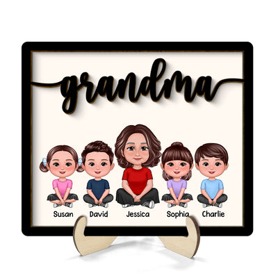 Grandma Grandkids Sitting Crossed Legs Personalized 2-layer Wooden Plaque
