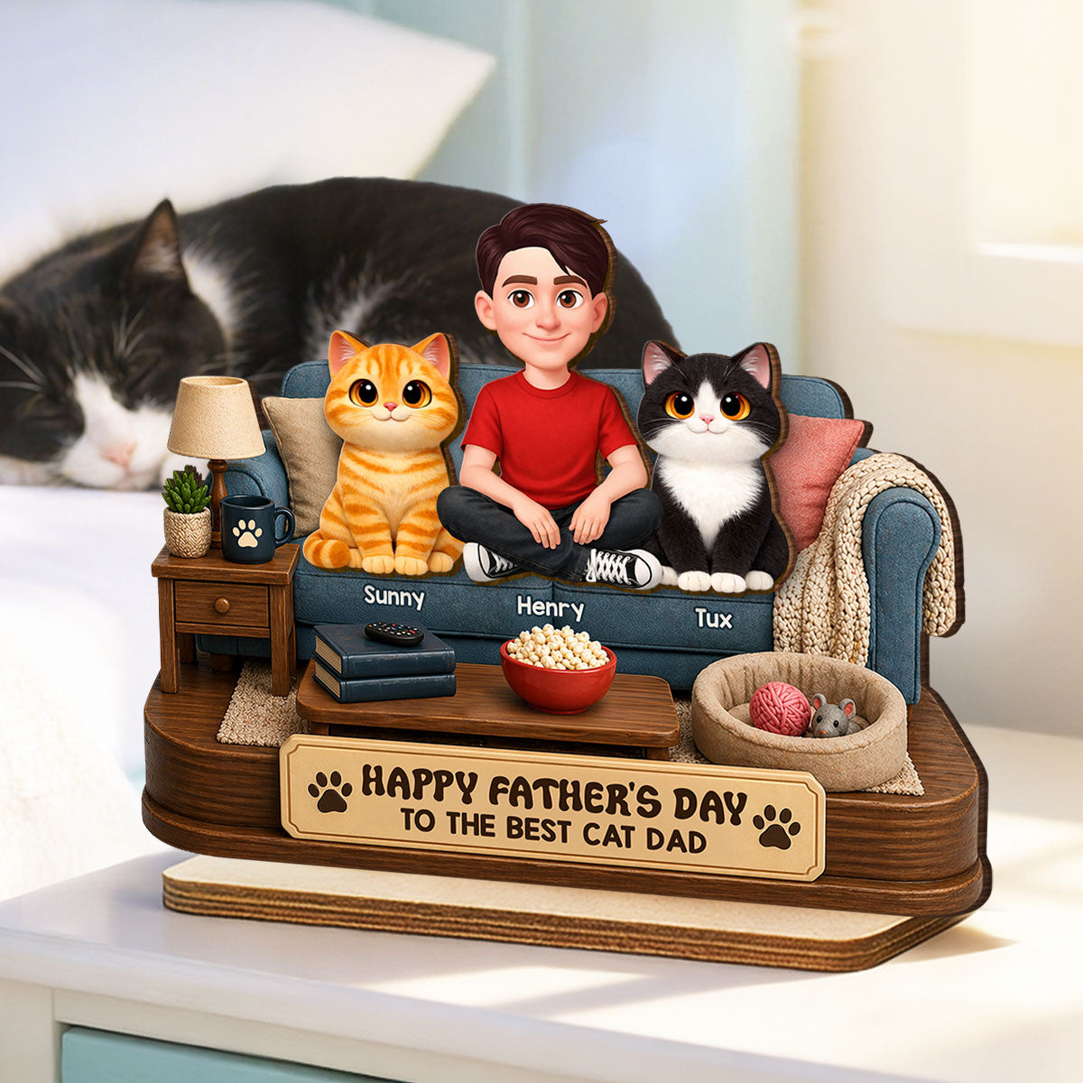 Happy Father's Day Best Cat Dad - Personalized 2-Layered Wooden Plaque - Father's Day Gift For Cat Dad, Cat Lovers