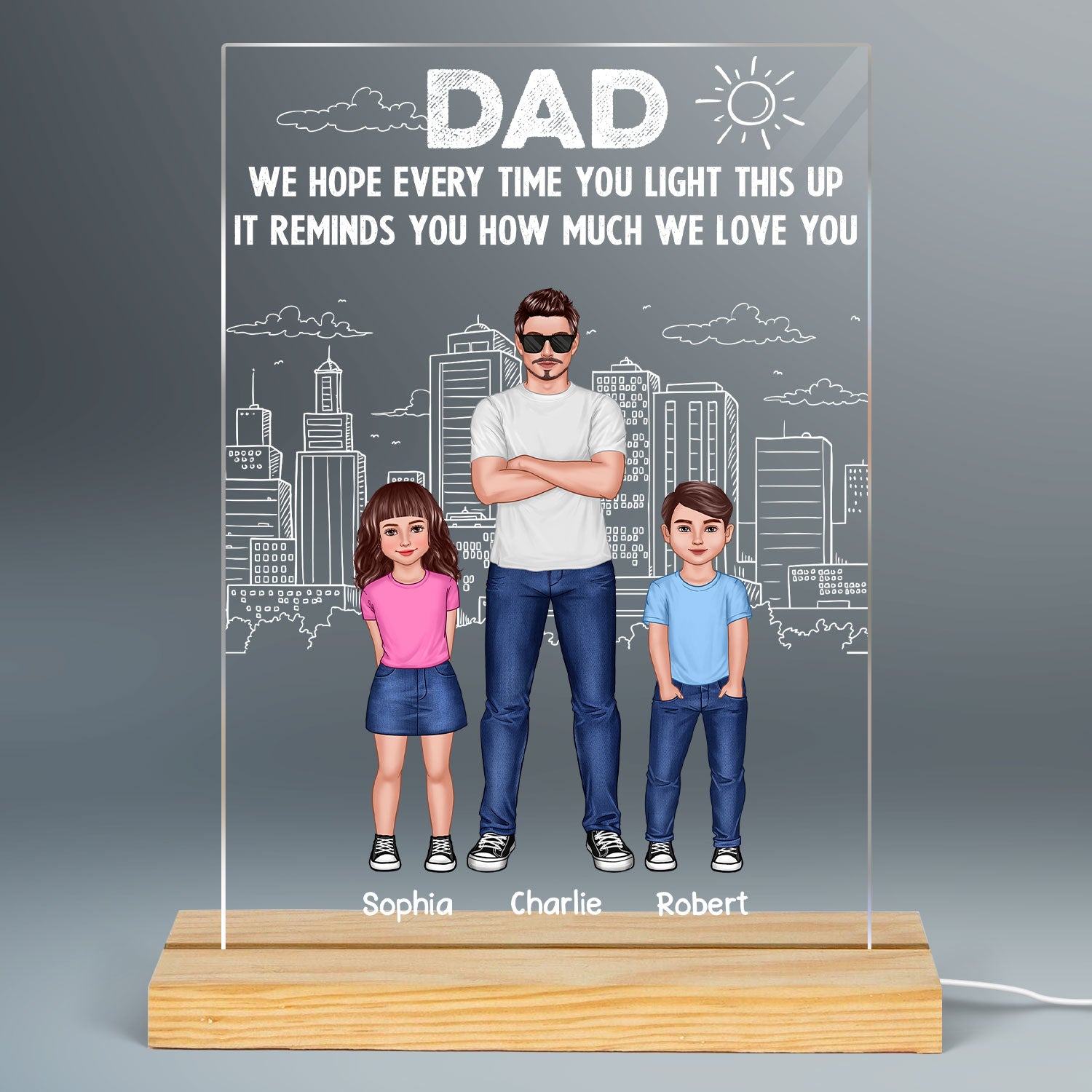 Dad And Kids Standing Front View Outline City Personalized Rectangle Acrylic LED Night Light