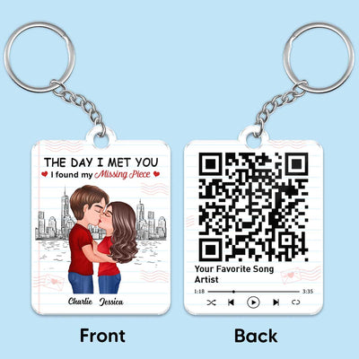 Skyline Paper Doll Couple Kissing Found My Missing Piece Favorite Song Scannable QR Code Personalized Acrylic Keychain