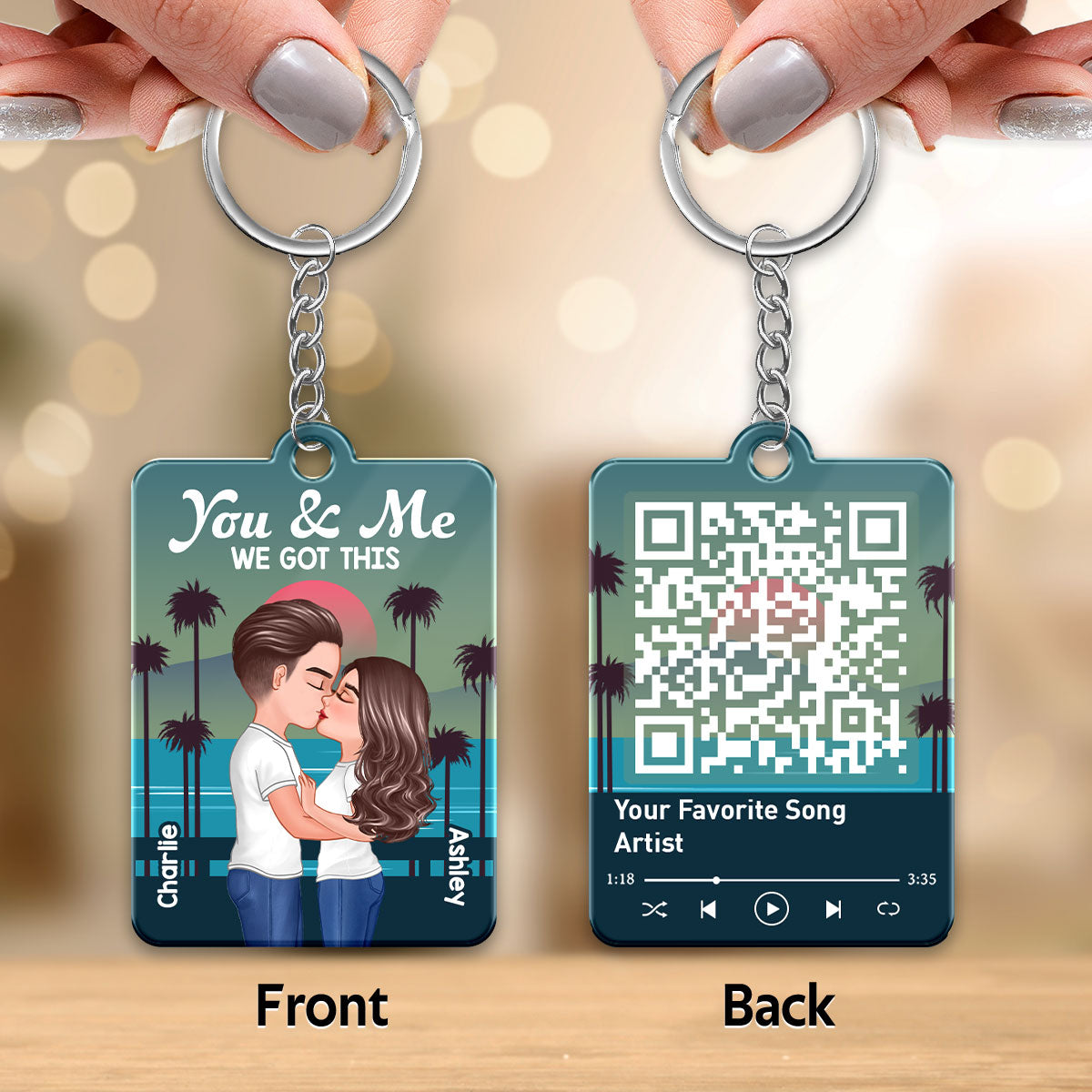Retro Doll Couple Standing Kissing Favorite Song QR Code Personalized Acrylic Keychain