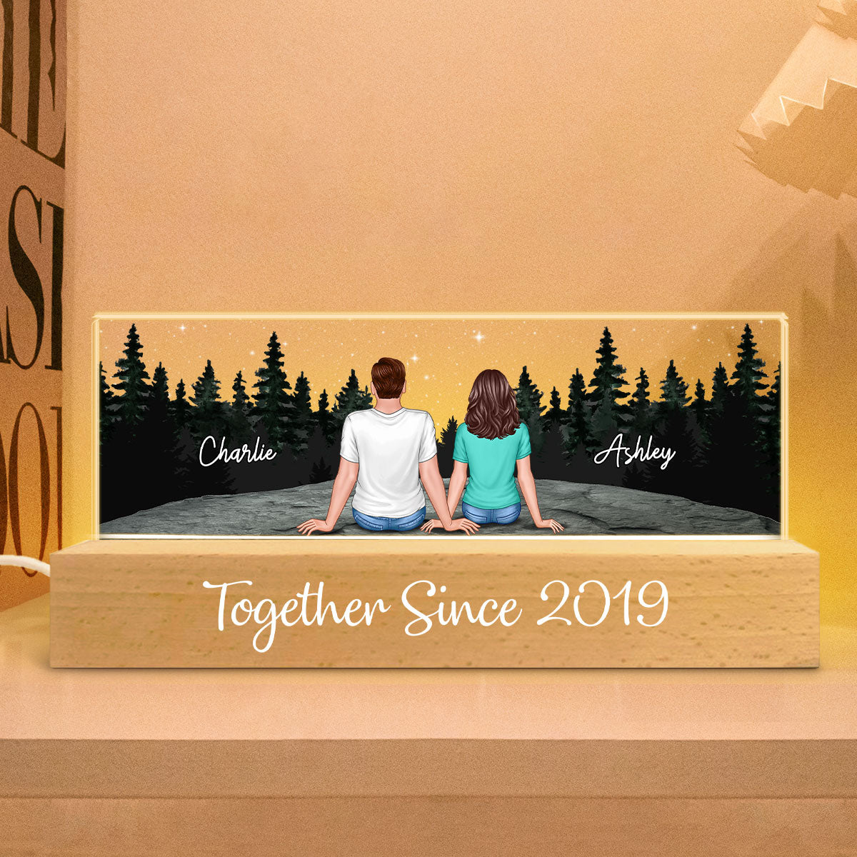 Back View Couple Stargazing Galaxy Night Personalized Acrylic Block LED Night Light, Heartfelt Gift For Couple, For Him, For Her, Boyfriend, Girlfriend, Husband, Wife