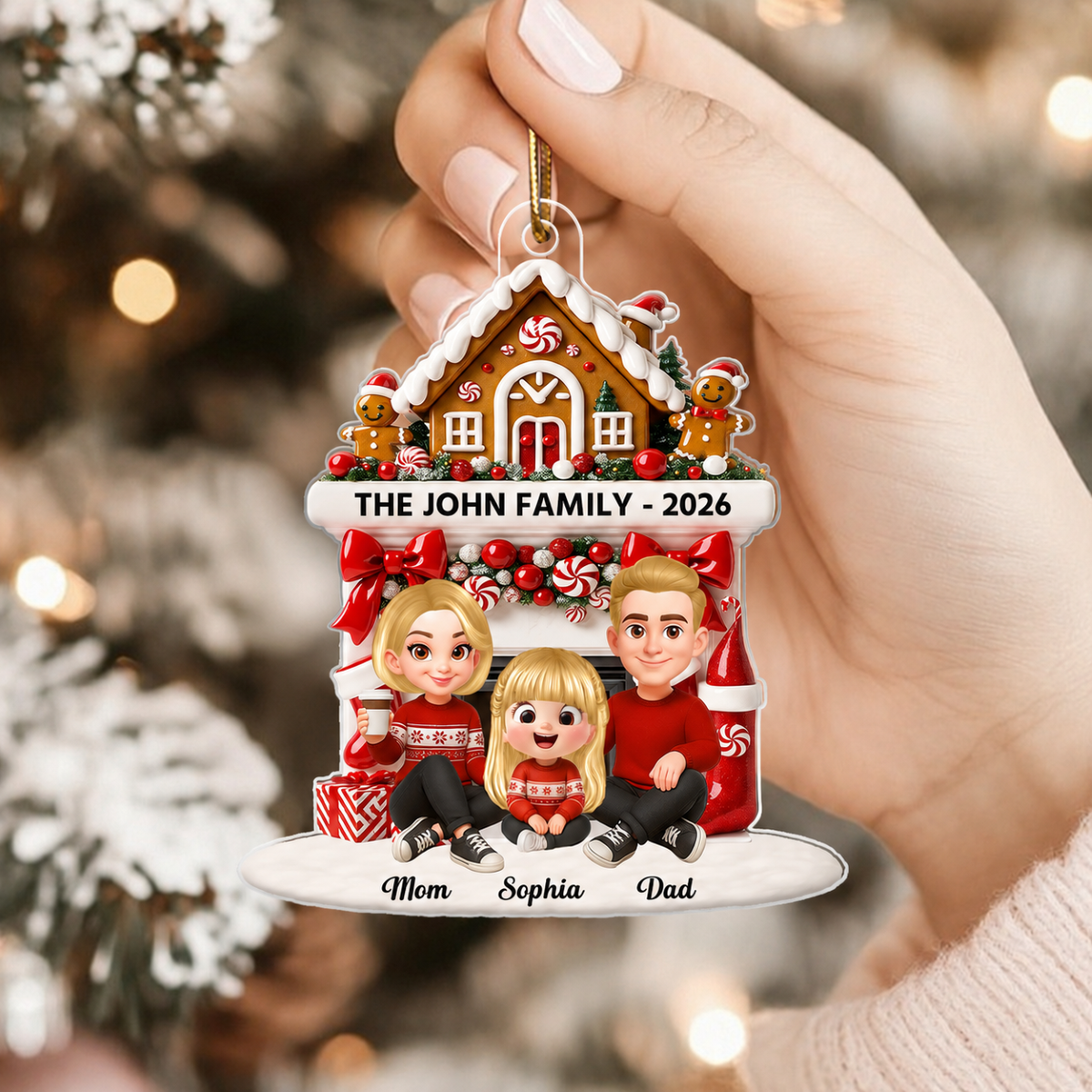 Family Sitting by the Fireplace Personalized Acrylic Ornament - Christmas Gift for Mom, Dad, Children