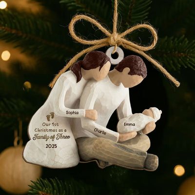 3D Effect First Christmas As Family Of Three Mom Dad Holding Baby - Personalized Wooden Ornament