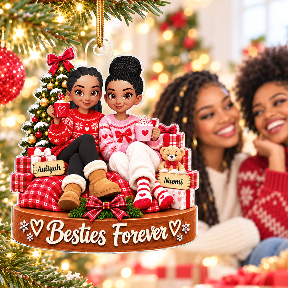 Besties Forever Custom Names Christmas Girls - Personalized Acrylic Ornament - Christmas Gift For Best Friends, Besties, BFF, Soul Sisters
