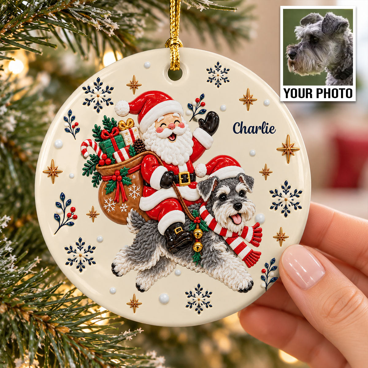 Santa On Dog's Back Upload Pet Photo 2D Flat Printed - Personalized Ceramic Ornament - Christmas Tree Decor For Dog Lover