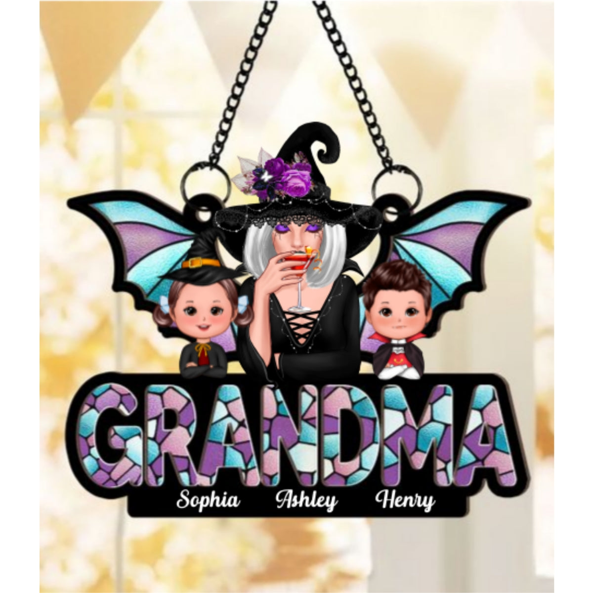 Halloween Grandma And Grandkids On Text Personalized Suncatcher