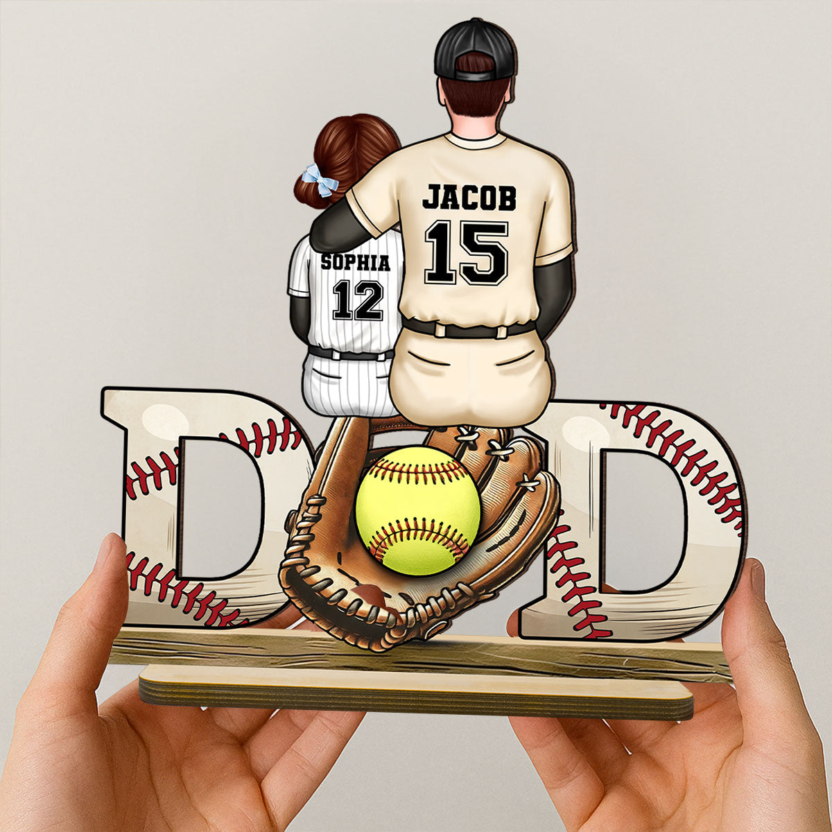 Baseball Softball Dad & Kids Glove Personalized 2-Layer Standing Wooden Plaque,  Gift for Dad, Gift for Husband