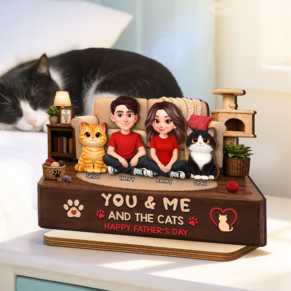 You & Me And The Cats Cozy Room - Personalized 2-Layered Wooden Plaque - Father's Day Gift For Cat Dad