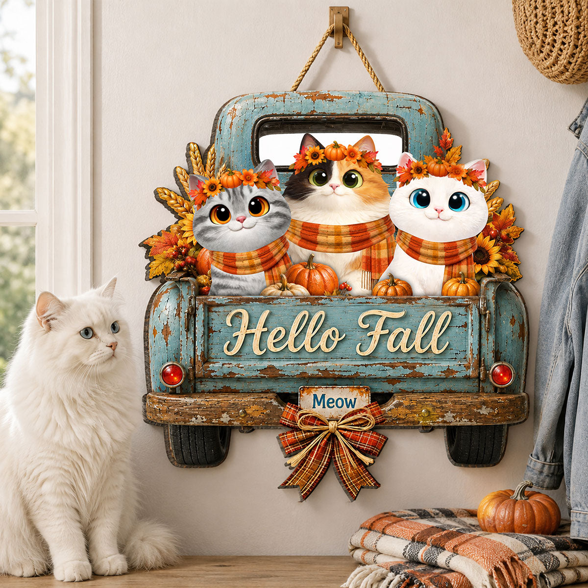 Hello Fall Pumpkin Cats - Personalized Door Hanger Sign - Cozy Fall Decor for Cat Lovers