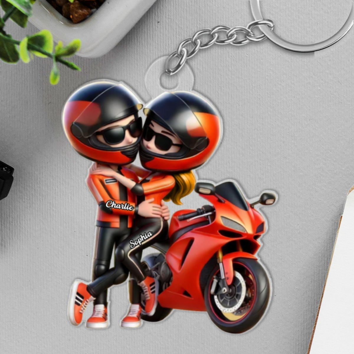 3D Effect Motorcycle Pretty Cartoon Couple Personalized Acrylic Keychain, Anniversary Birthday Gift For Him, For Biker Couple