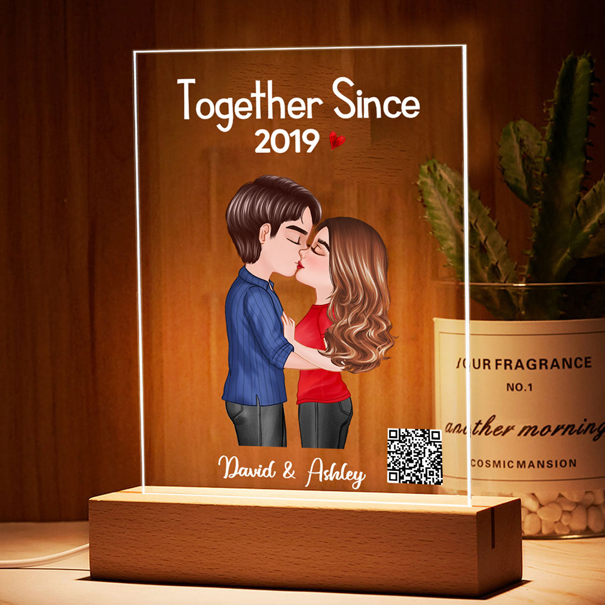 Doll Couple Kissing Together Since Favorite Song Scannable QR Code Gift For Him For Her Personalized Rectangle Acrylic Plaque LED Night Light