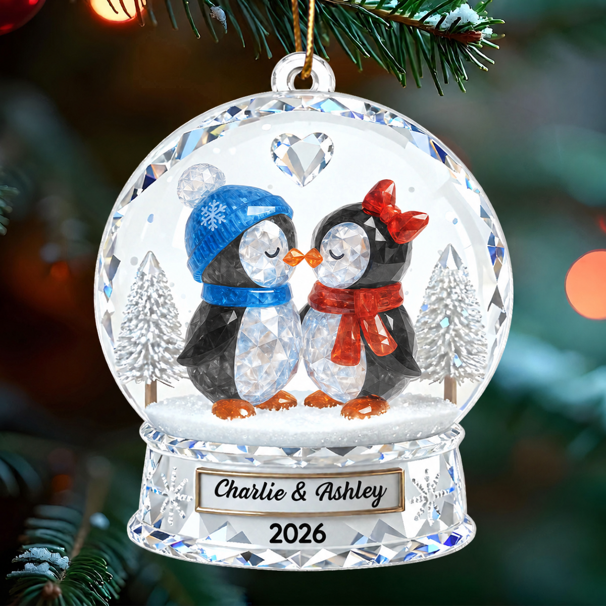 Penguin Couple 3D Crystal Effect - Personalized Acrylic Ornament - Christmas Gift for him, Gift for her