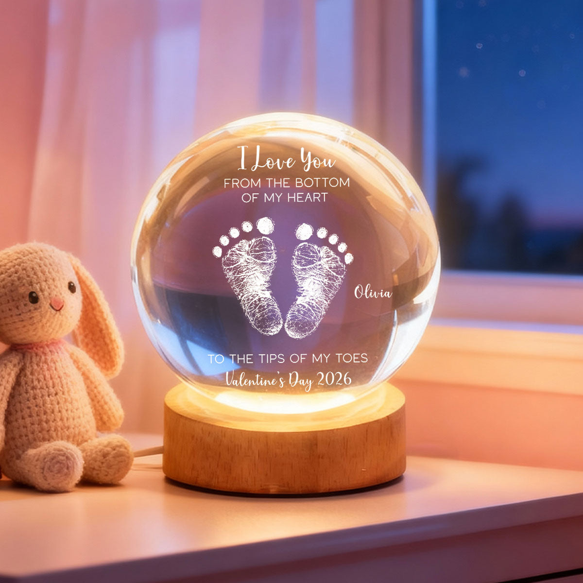 Valentine Kids Footprint Sign - Personalized Crystal Ball LED Night Light - Anniversary, Valentine's Day Gift, Gift For Him, Gift For Her