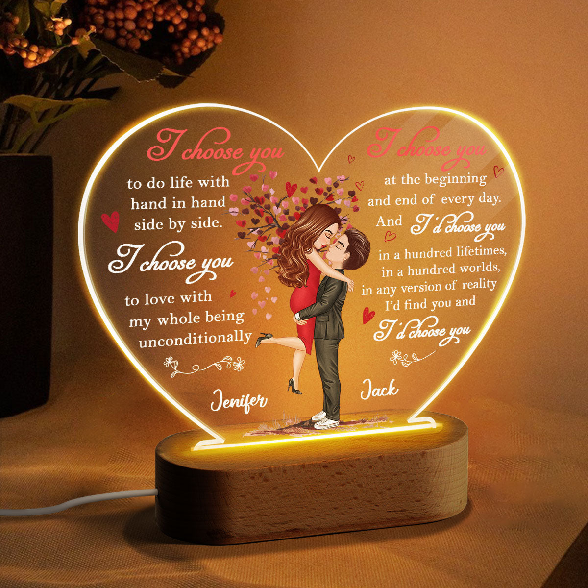 I Choose You Doll Couple Fingerprint Personalized Heart Plaque LED Night Light