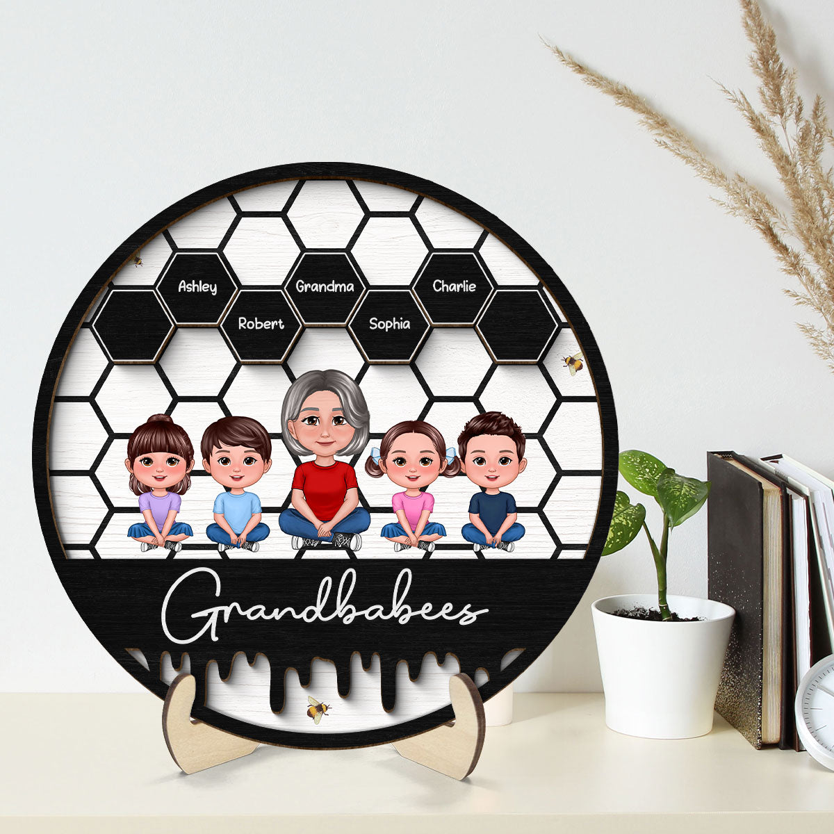 Grandbabees Crossed Legs Grandma Grandkids Sitting Personalized 2-layer Wooden Plaque, Gift For Grandma