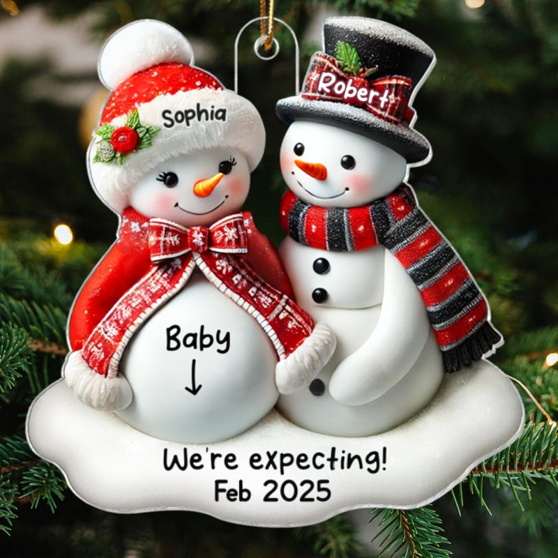 Snowman Couple Expecting Parents Pregnancy Announcement 3D Effect Keepsake Personalized Acrylic Ornament