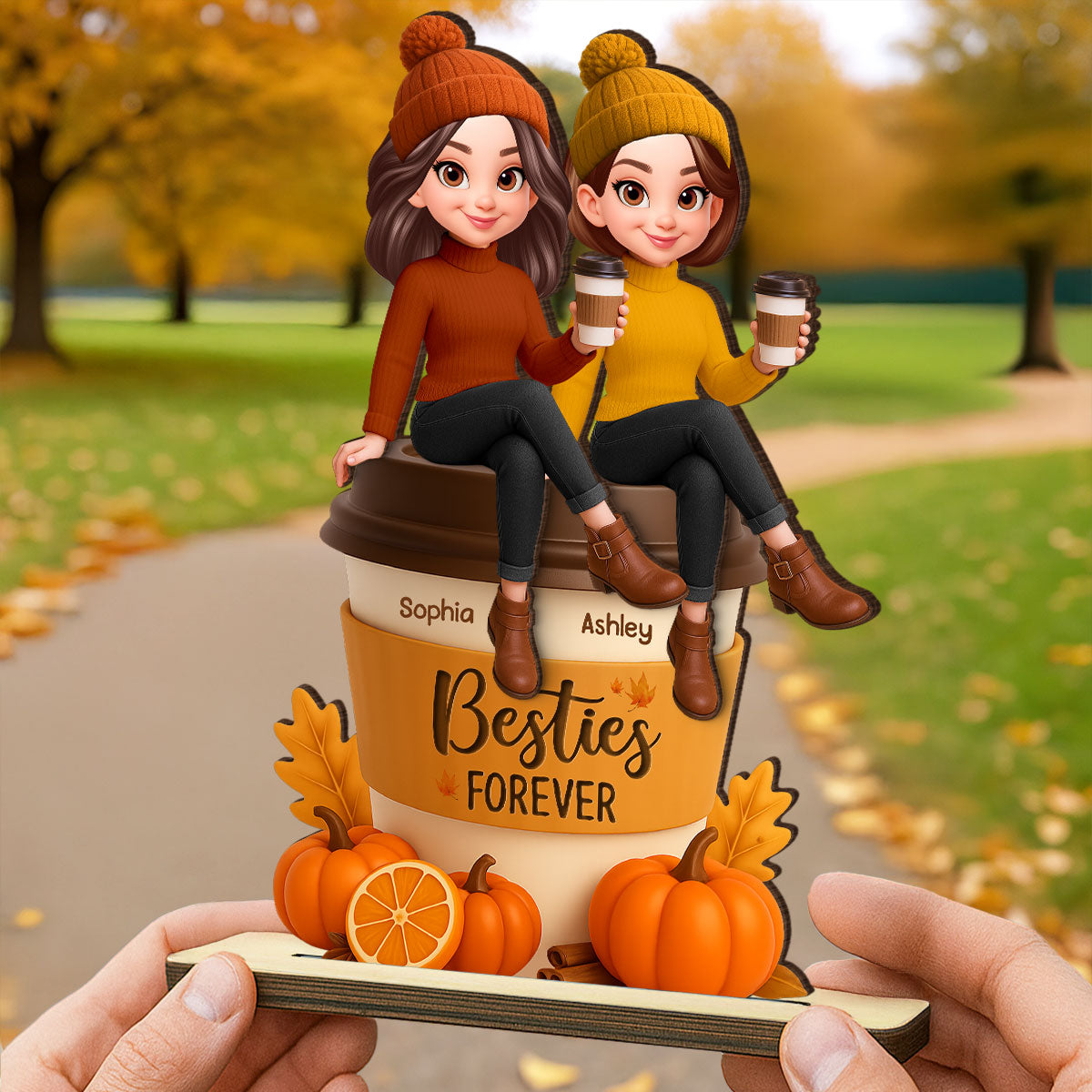 Fall Season Besties Sitting On Pumpkin Spice Latte Personalized Standing Wooden Plaque