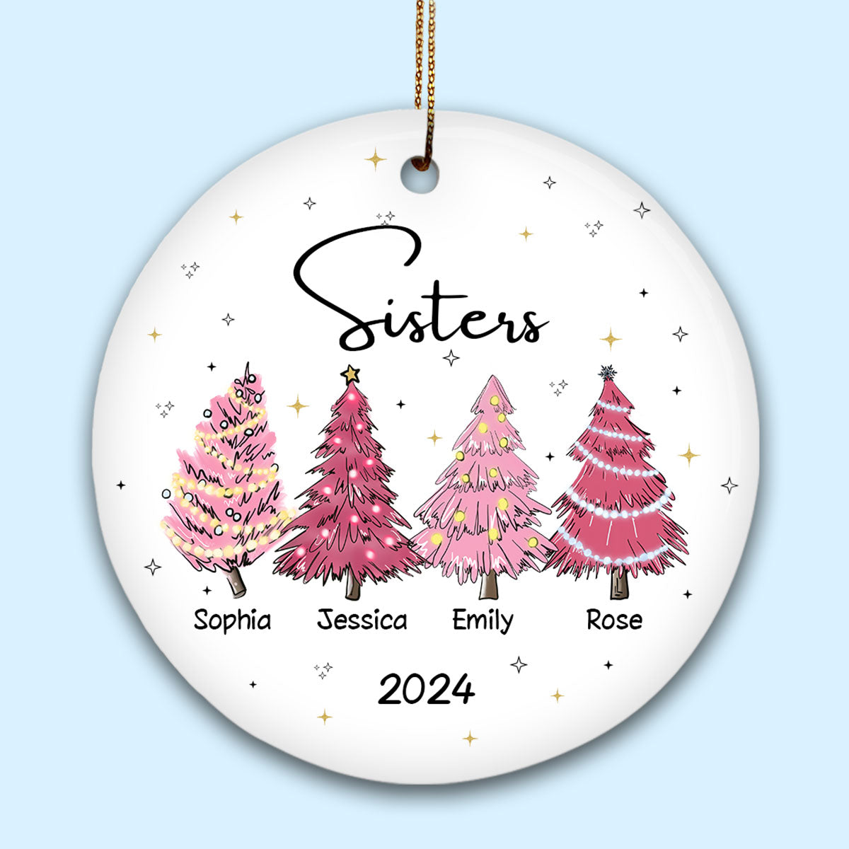 Sisters Besties Pink Christmas Tree Personalized Ceramic Ornament