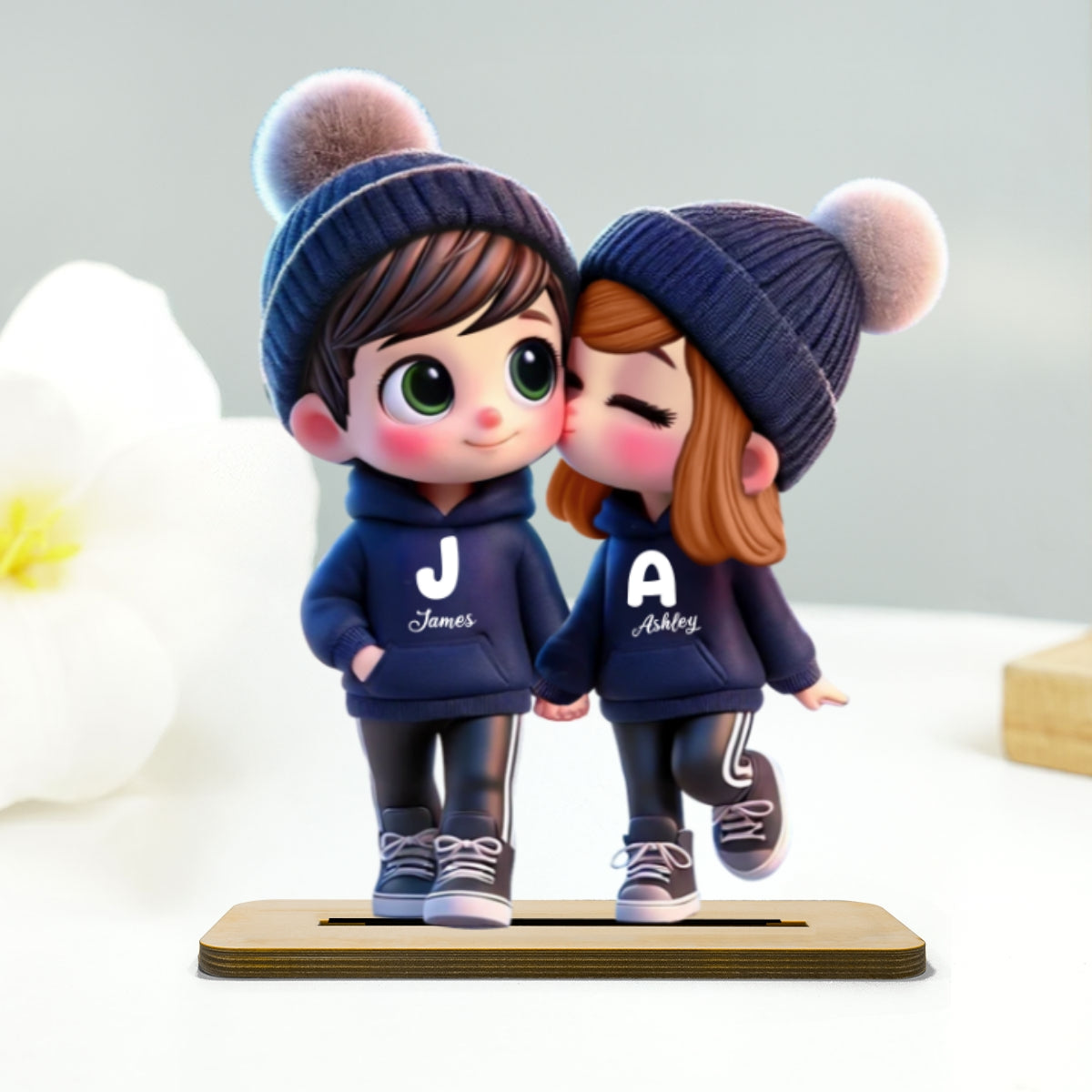 3D Effect Cute Cartoon Couple Walking Personalized Standing Wooden Plaque,  Gift for Him, Gift for Her