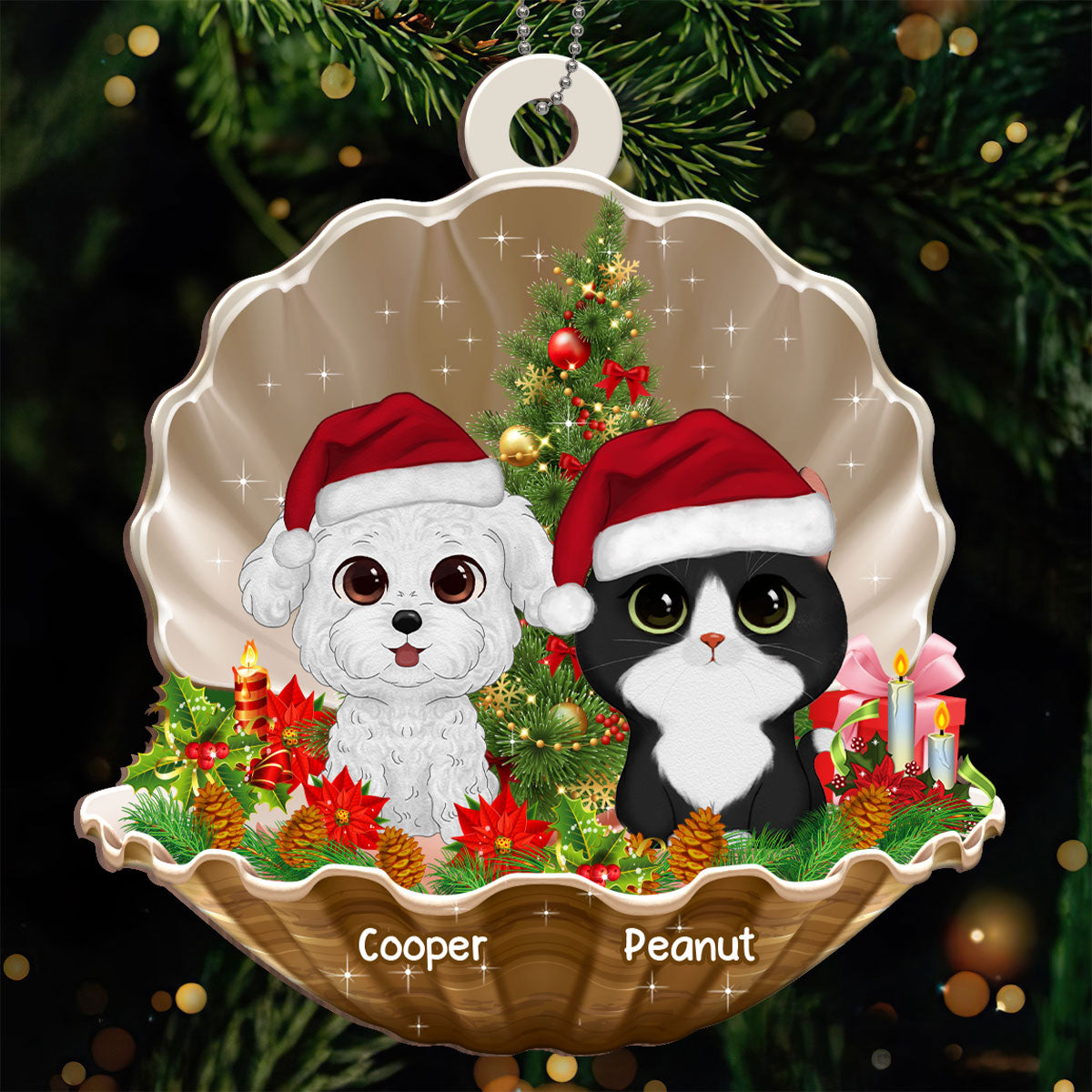 Watercolor Cute Dogs And Cats In Pearl Shell Christmas Personalized Wooden Ornament