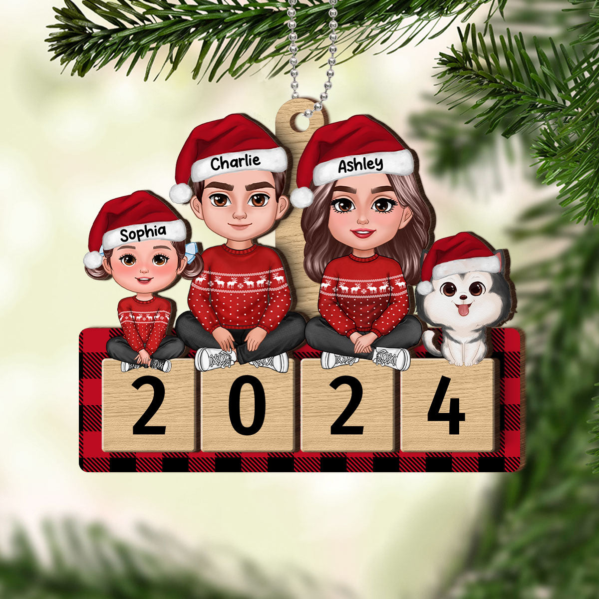 Checkered Pattern Family Sitting On 2024 Puzzle Personalized Wooden Ornament